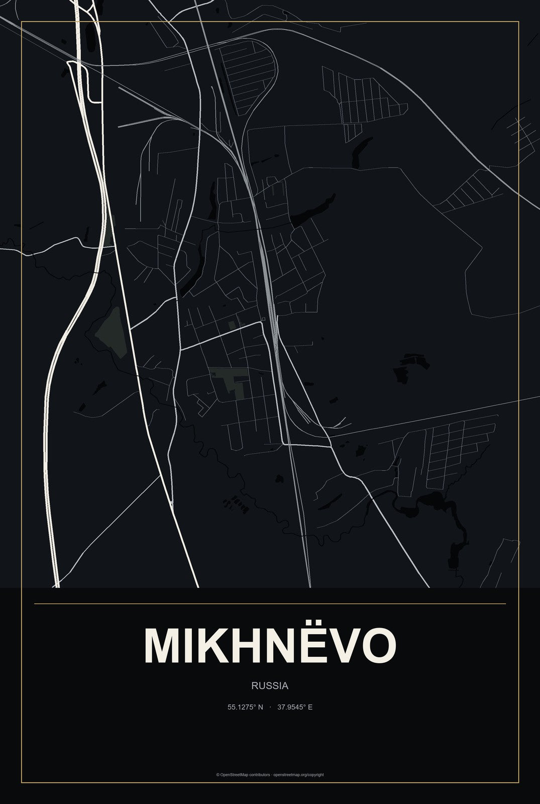 Mikhnëvo, Russia City Map Aluminum Sign in Metropolitan Noir style