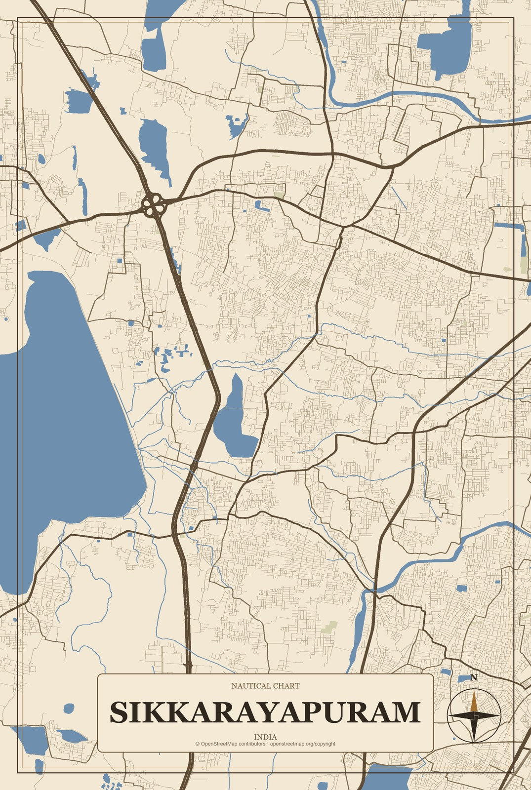 Sikkarayapuram, India City Map Aluminum Sign in Heritage Nautical style