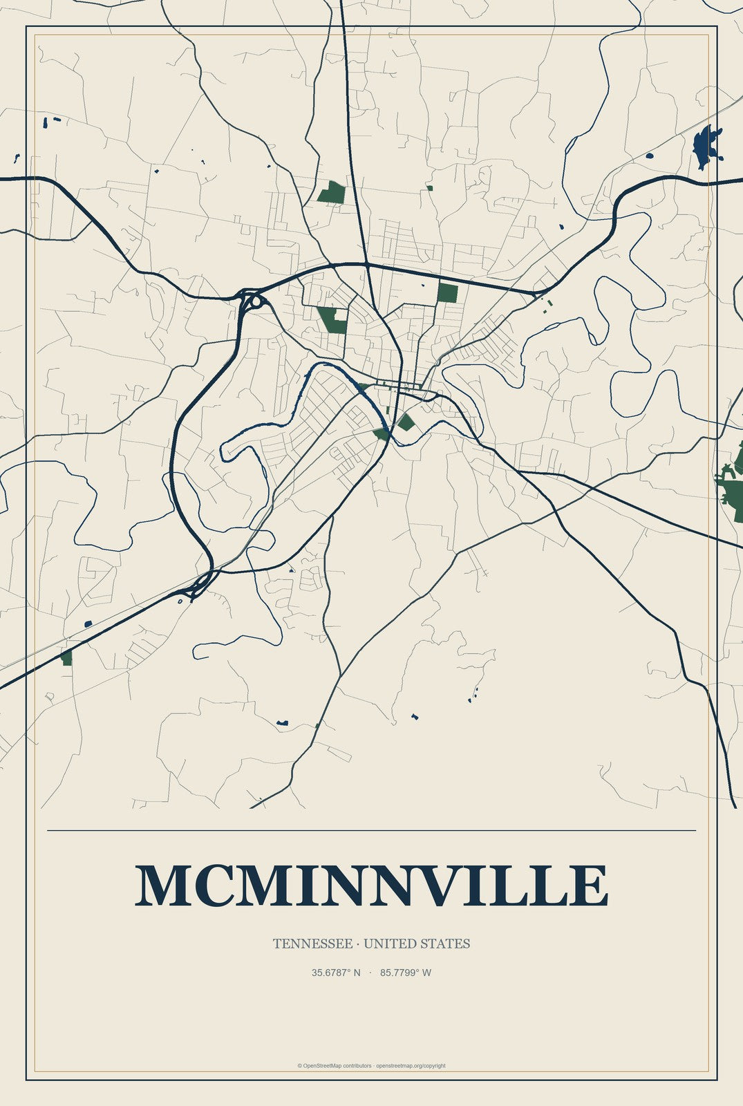 McMinnville, Tennessee City Map Aluminum Sign in Coastal Cutout style
