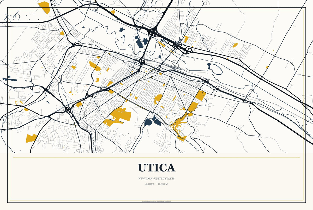 Utica, New York City Map Aluminum Sign in Citrine Modern style