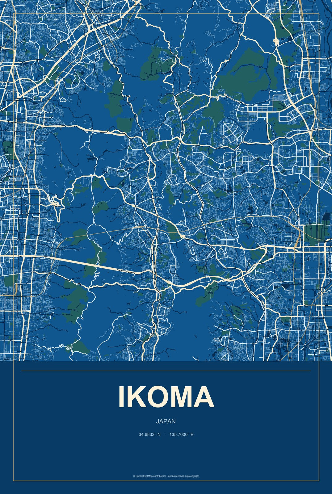 Ikoma, Japan City Map Aluminum Sign in Harbor Cobalt style