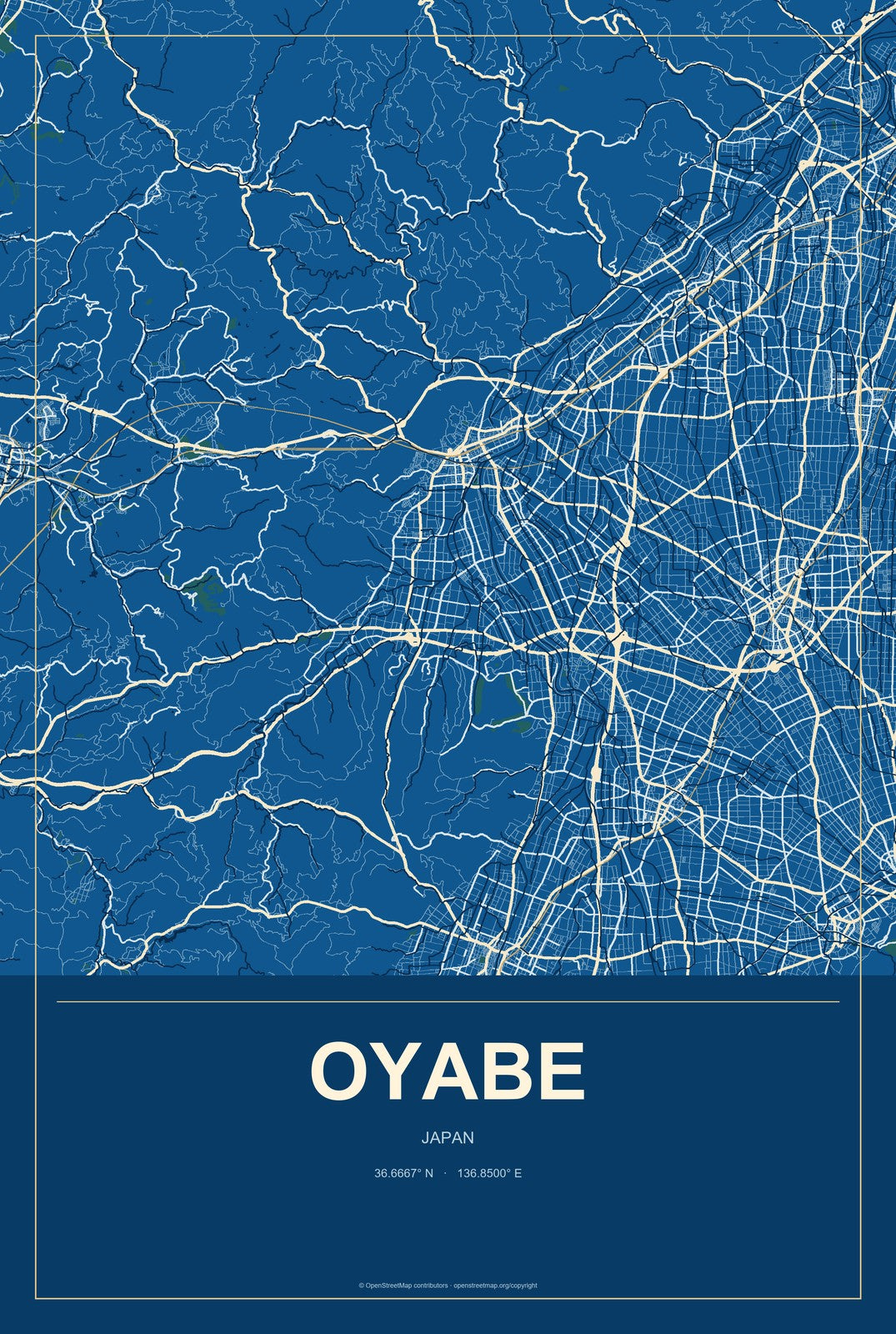 Oyabe, Japan City Map Aluminum Sign in Harbor Cobalt style