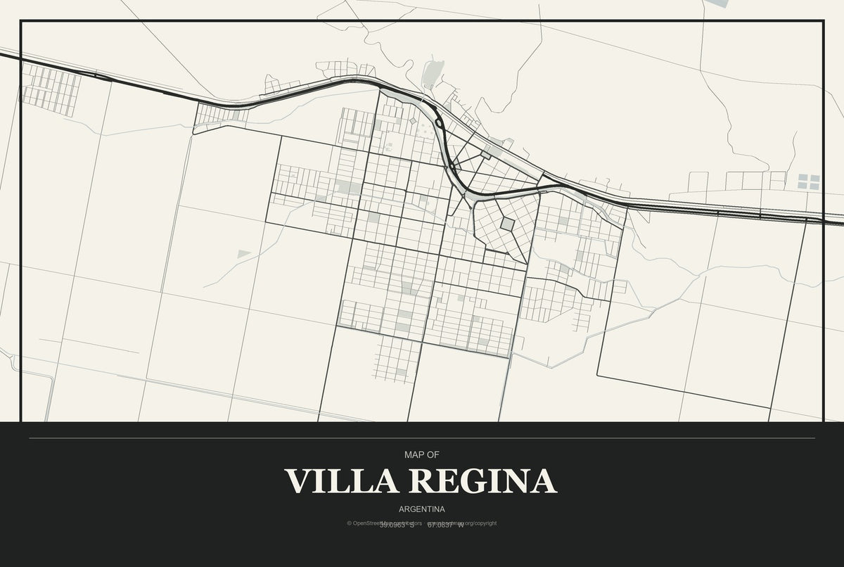 Villa Regina, Argentina City Map Aluminum Sign in Museum Plaque style