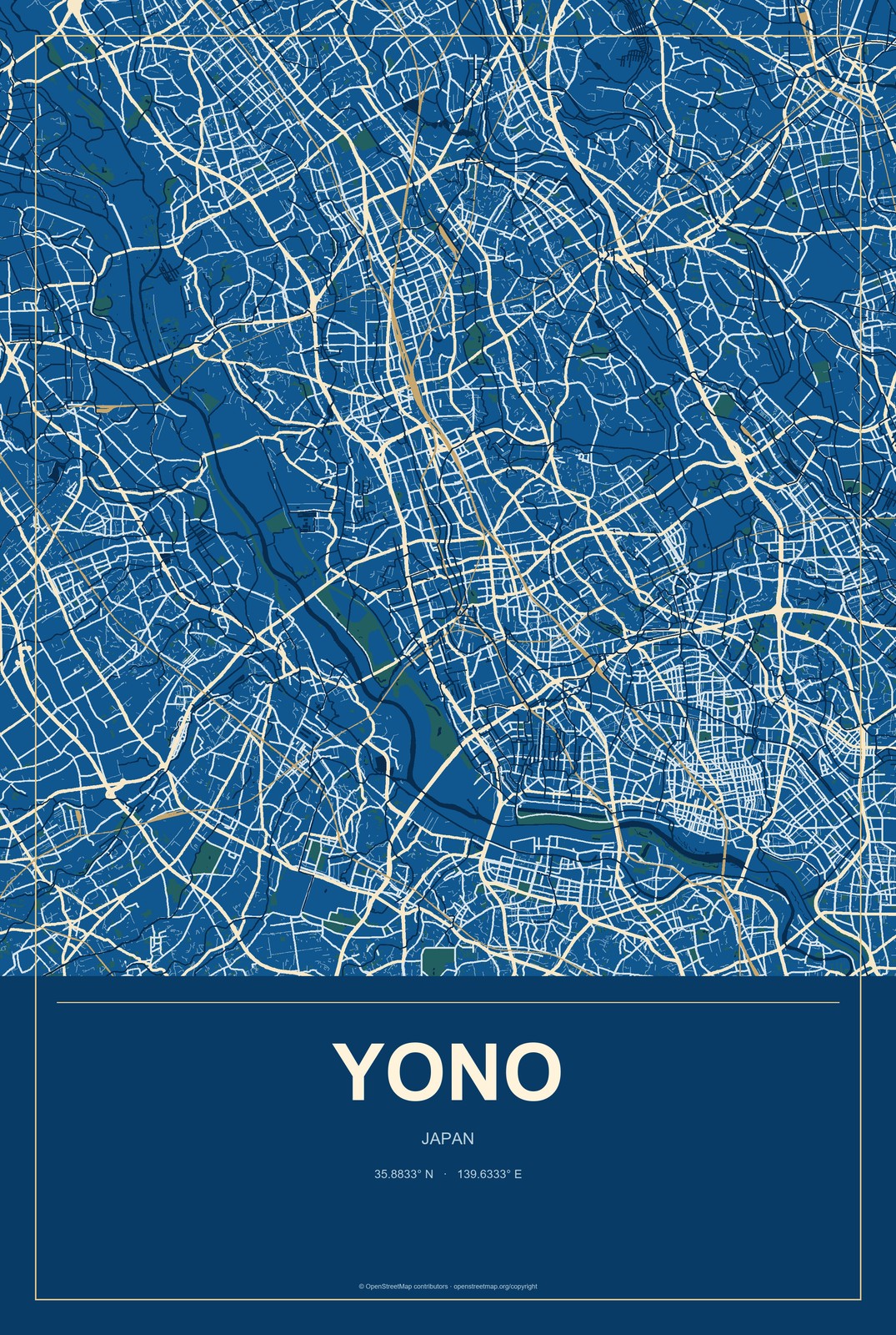 Yono, Saitama, Japan City Map Aluminum Sign in Harbor Cobalt style
