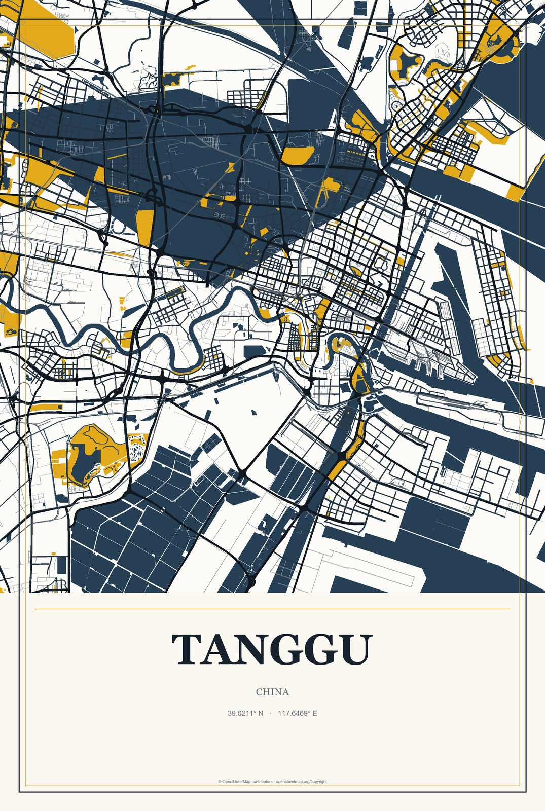 Tanggu, China City Map Aluminum Sign in Citrine Modern style
