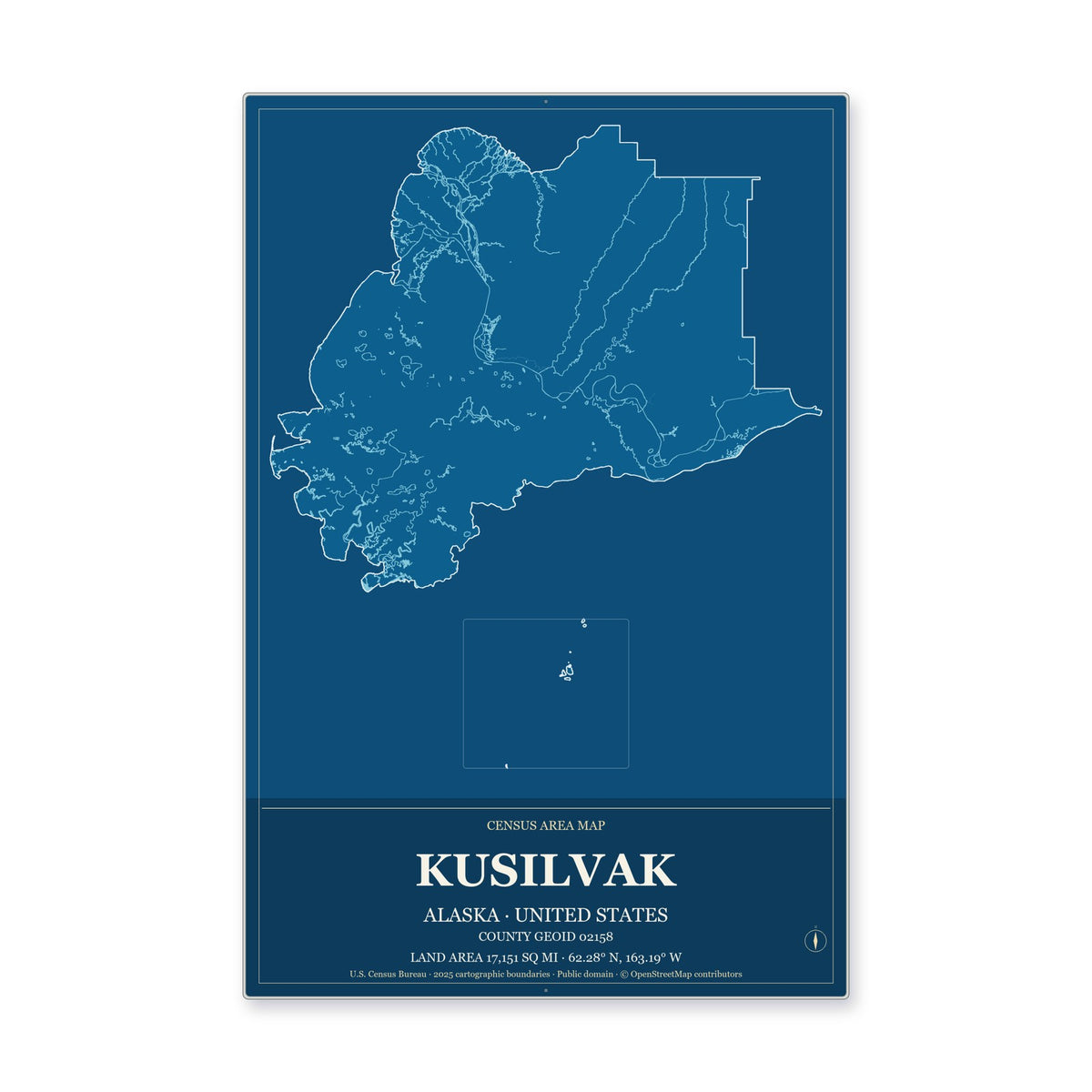 Kusilvak Census Area, Alaska Map Aluminum Sign in Harbor Cobalt style