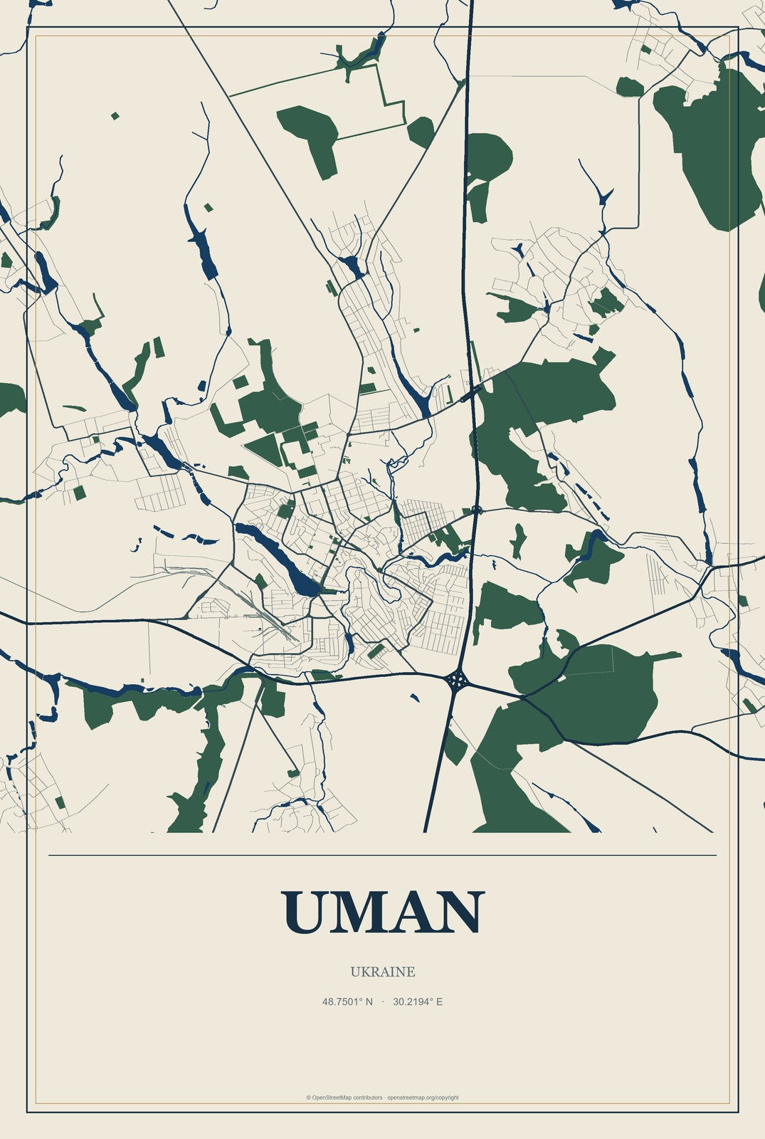 Uman, Ukraine City Map Aluminum Sign in Coastal Cutout style