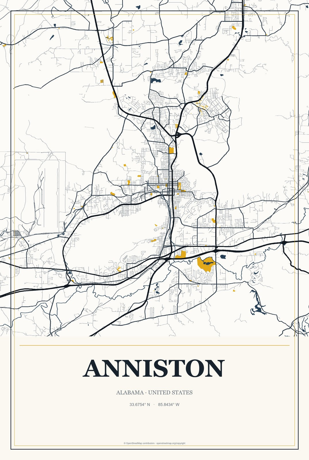 Anniston, Alabama City Map Aluminum Sign in Citrine Modern style