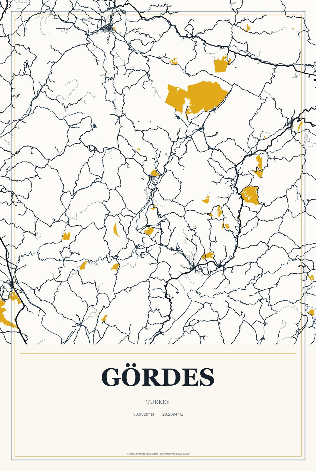 Gördes, Turkey City Map Aluminum Sign in Citrine Modern style