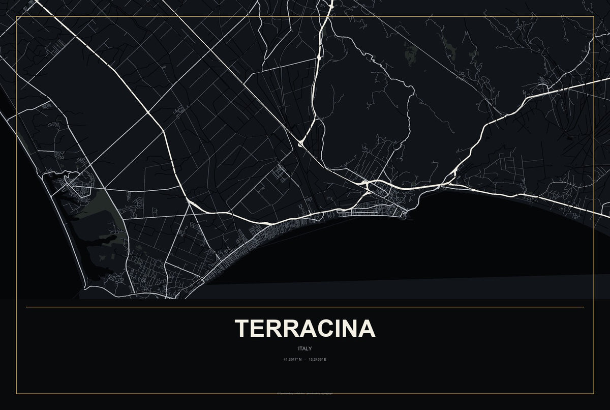 Terracina, Italy City Map Aluminum Sign in Metropolitan Noir style