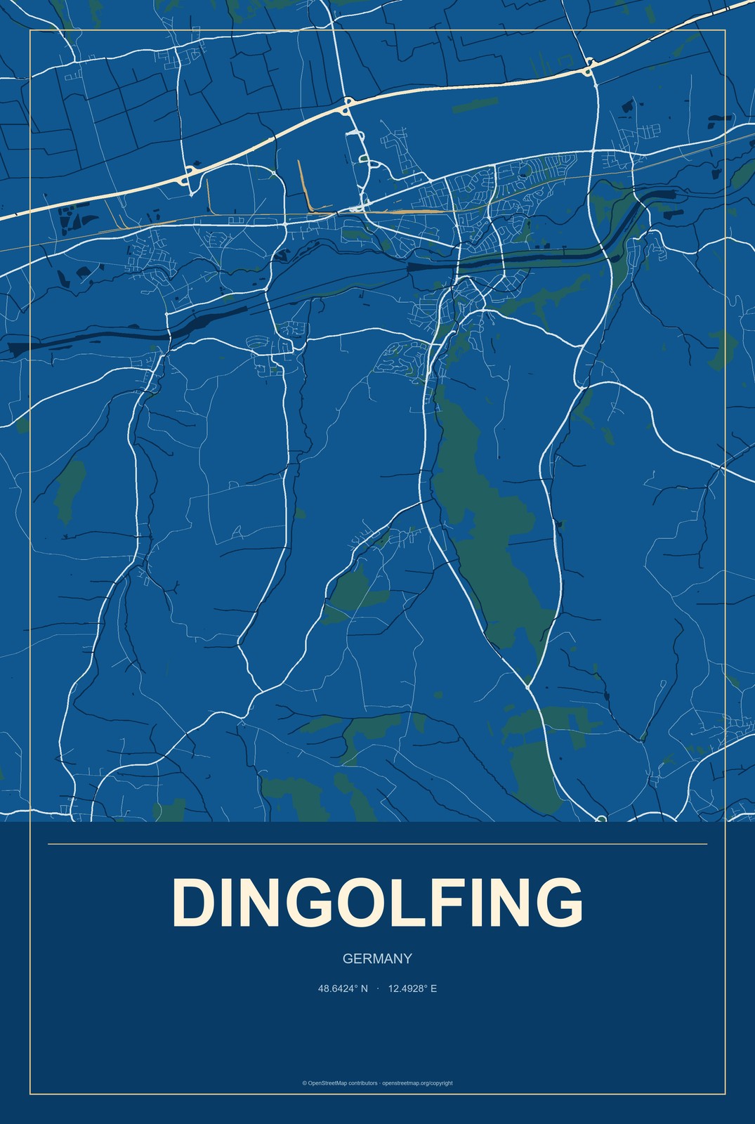 Dingolfing, Germany City Map Aluminum Sign in Harbor Cobalt style