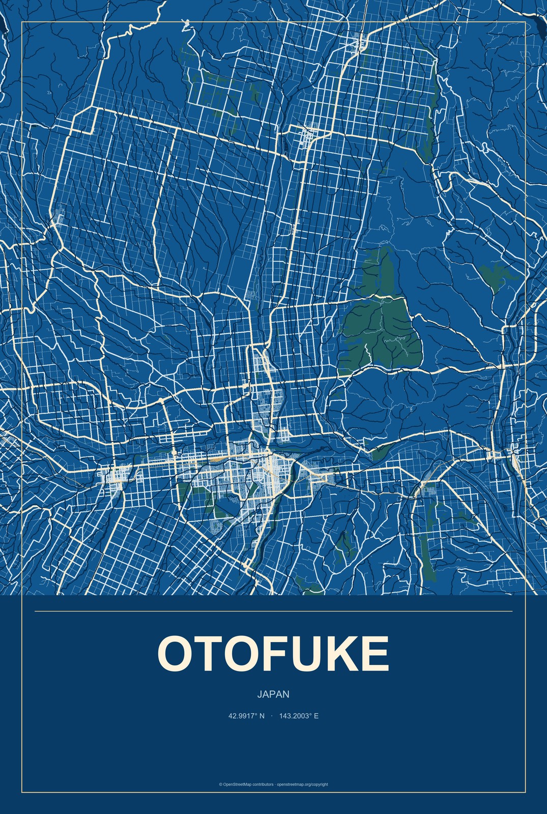 Otofuke, Japan City Map Aluminum Sign in Harbor Cobalt style