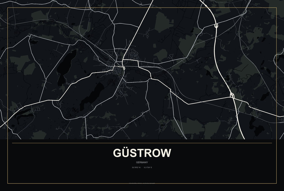 Güstrow, Germany City Map Aluminum Sign in Metropolitan Noir style