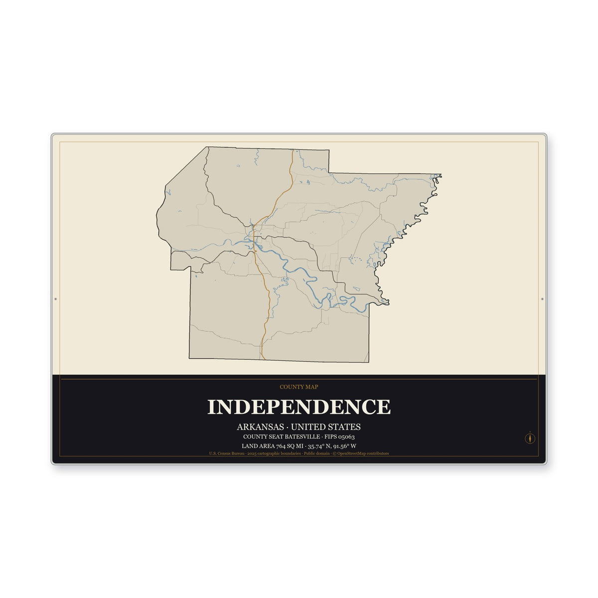 Independence County, Arkansas Map Aluminum Sign in Museum Plaque style