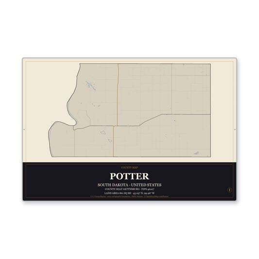 Potter County, South Dakota Map Aluminum Sign in Museum Plaque style