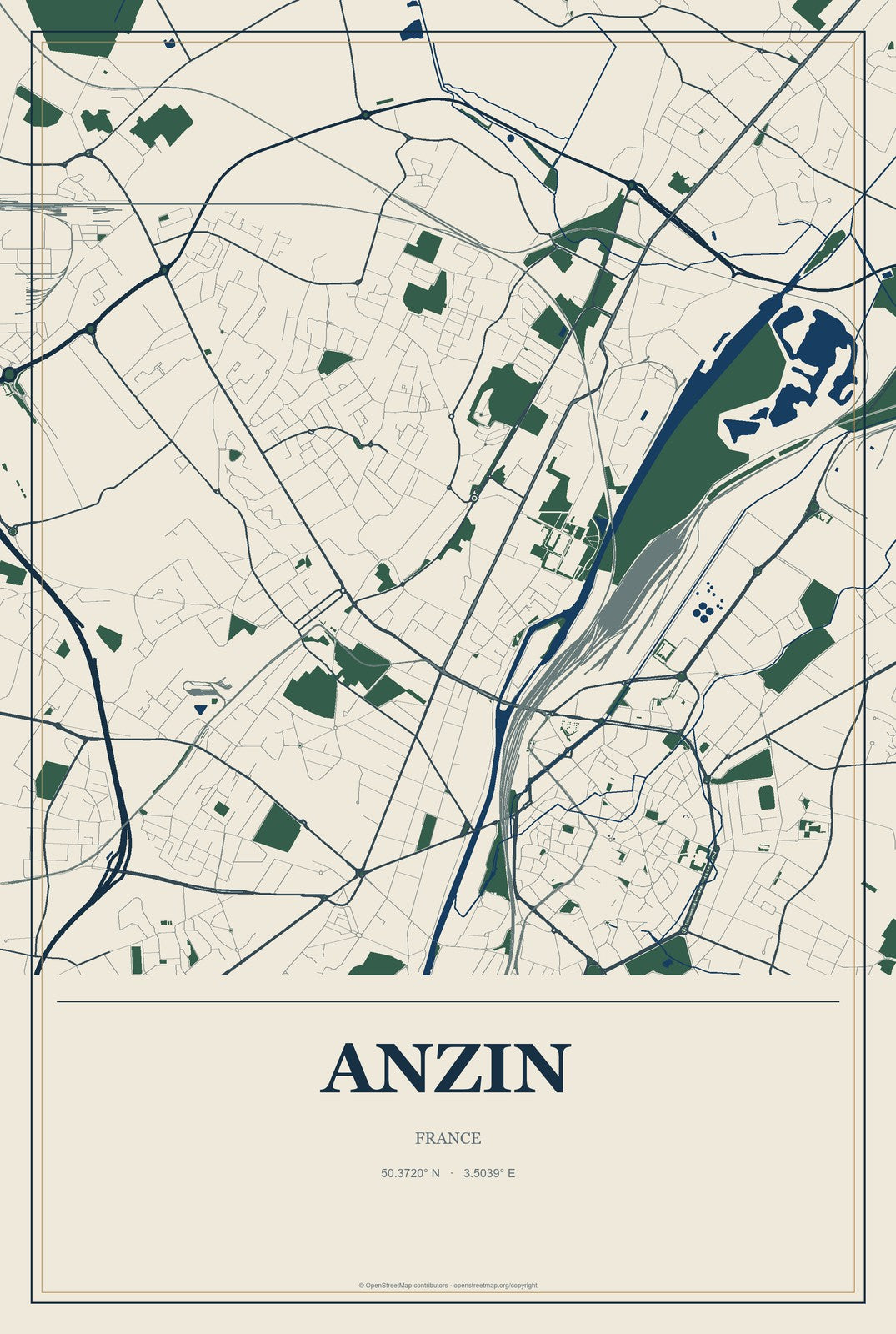 Anzin, France City Map Aluminum Sign in Coastal Cutout style