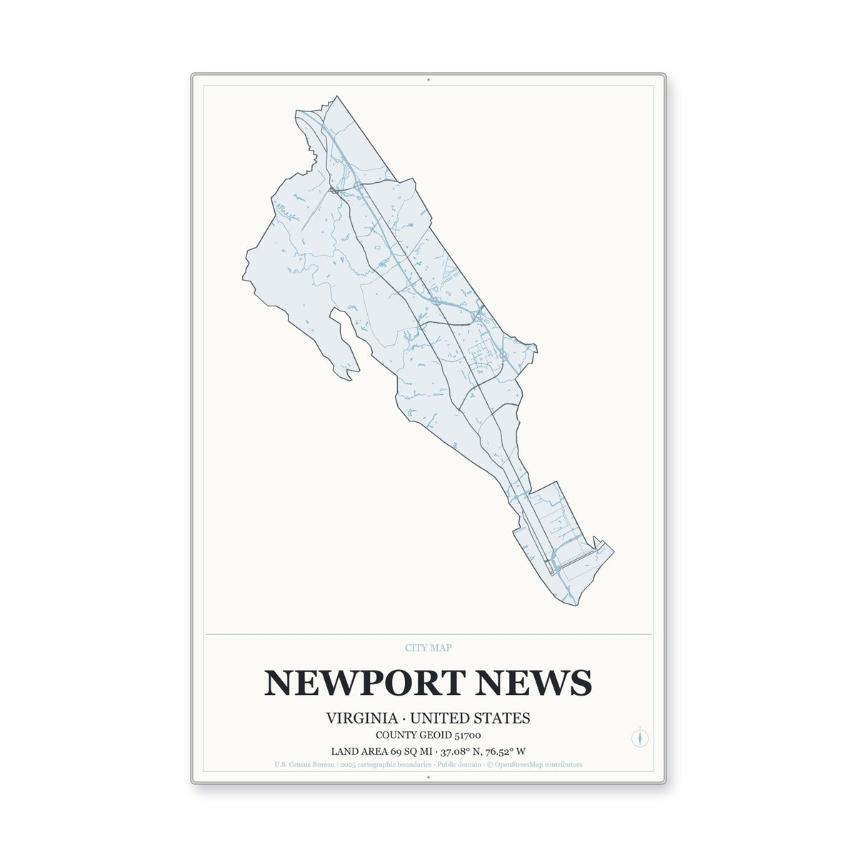 Newport News city, Virginia Map Aluminum Sign in Gallery Air style