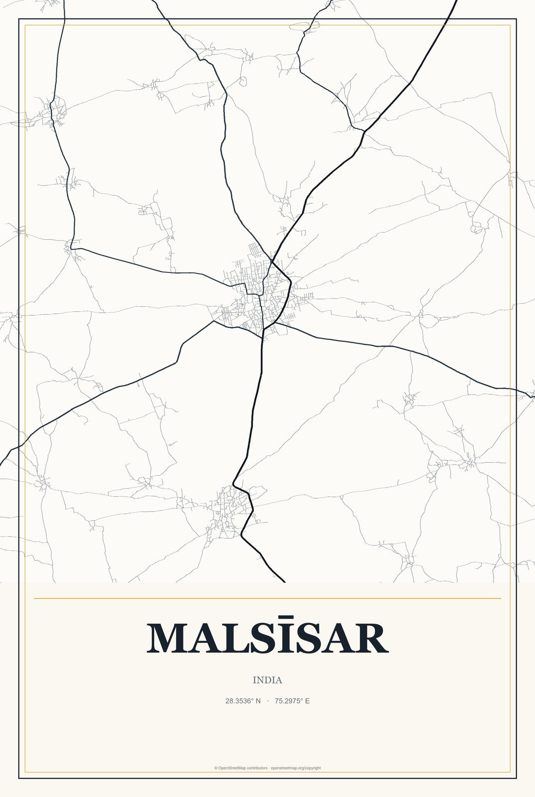 Malsīsar, India City Map Aluminum Sign in Citrine Modern style