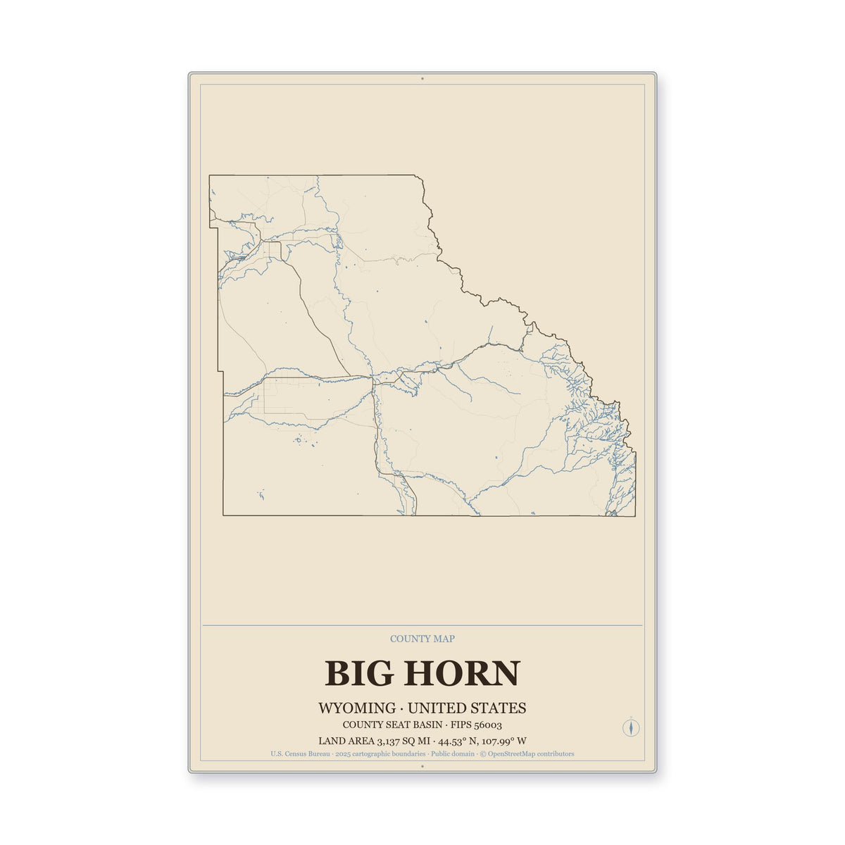 Big Horn County, Wyoming Map Aluminum Sign in Heritage Nautical style