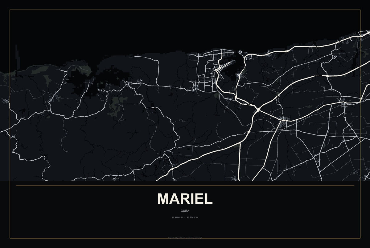 Mariel, Cuba City Map Aluminum Sign in Metropolitan Noir style