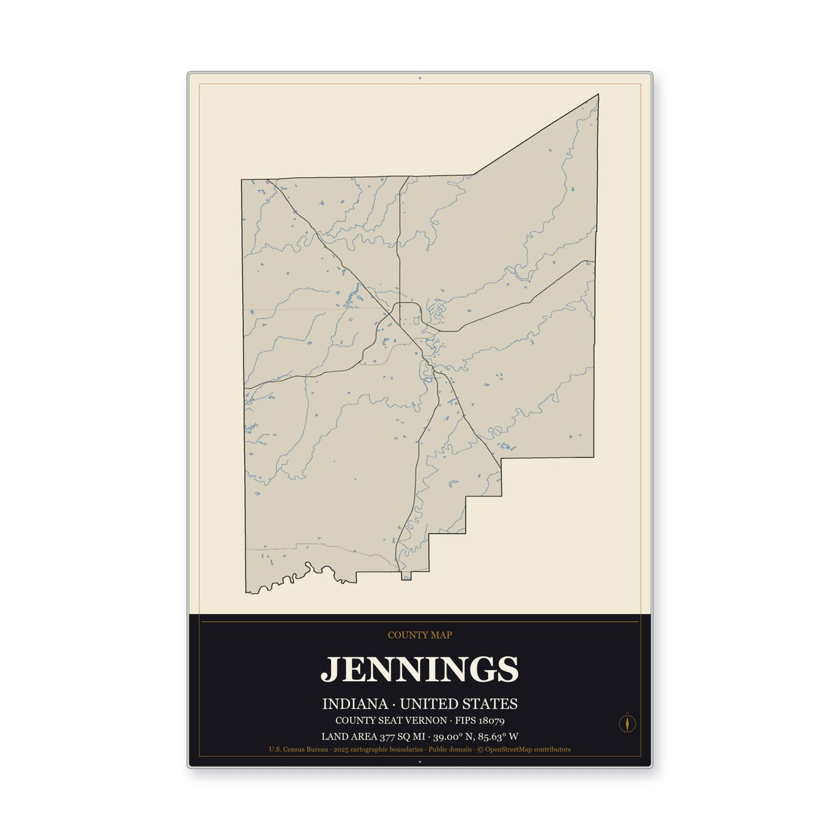 Jennings County, Indiana Map Aluminum Sign in Museum Plaque style
