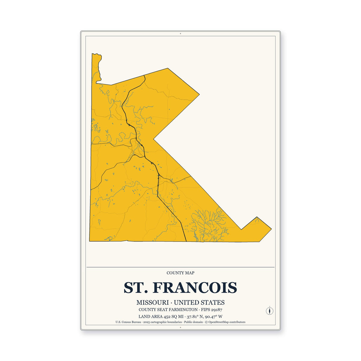 St. Francois County, Missouri Map Aluminum Sign in Citrine Modern style