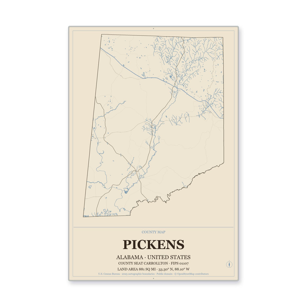 Pickens County, Alabama Map Aluminum Sign in Heritage Nautical style