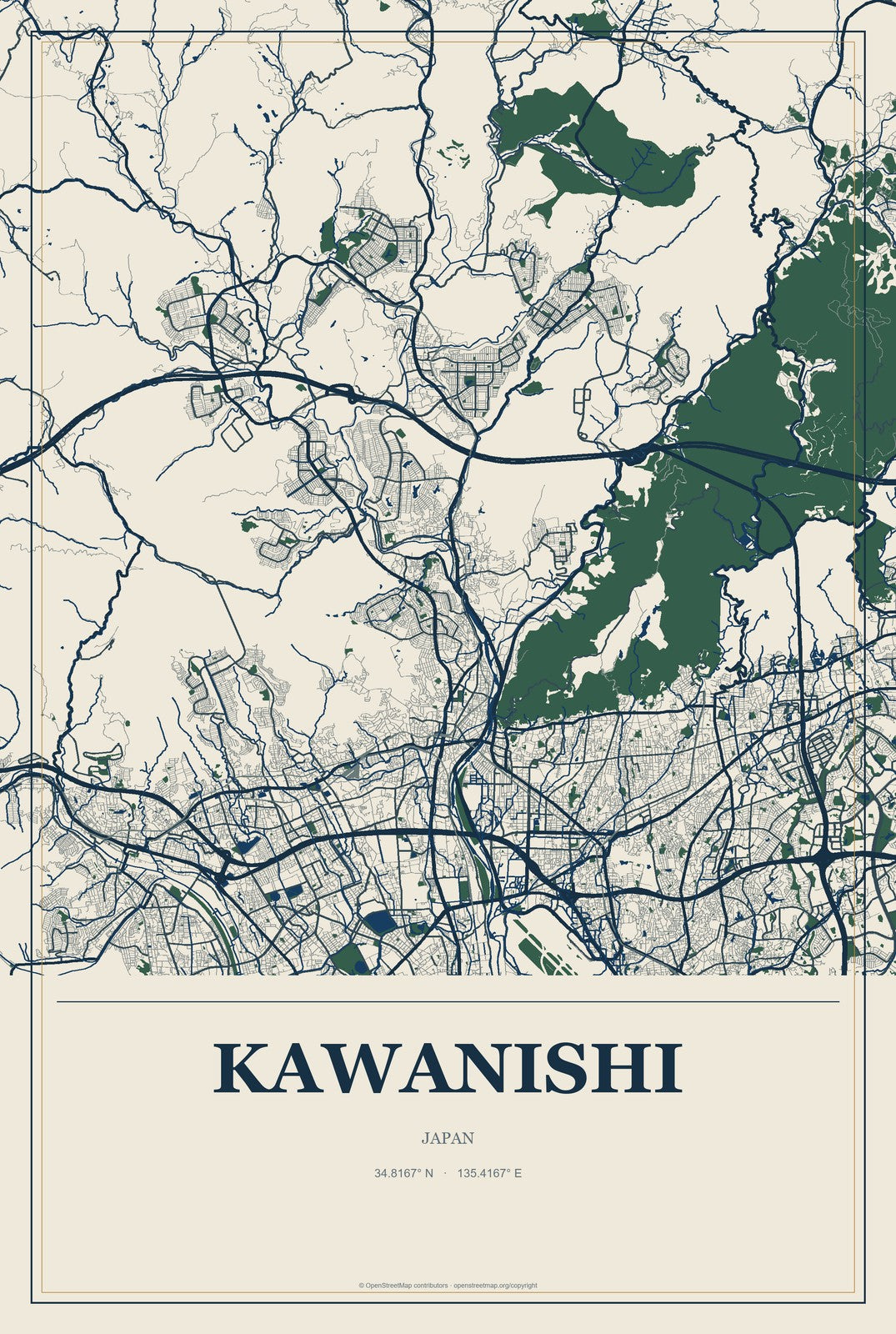 Kawanishi, Japan City Map Aluminum Sign in Coastal Cutout style