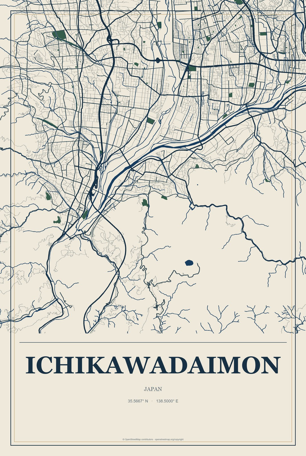 Ichikawadaimon, Japan City Map Aluminum Sign in Coastal Cutout style