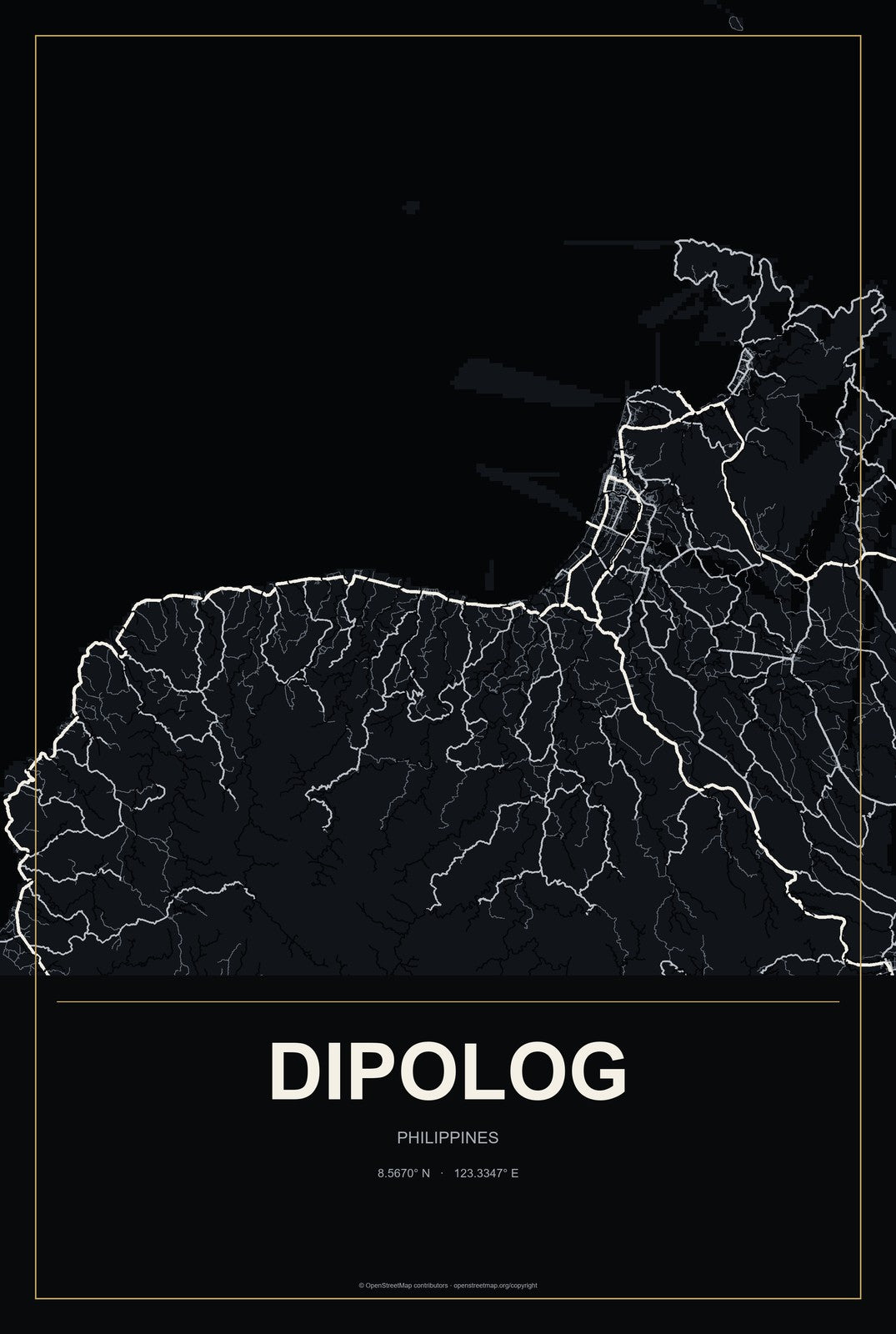 Dipolog, Philippines City Map Aluminum Sign in Metropolitan Noir style