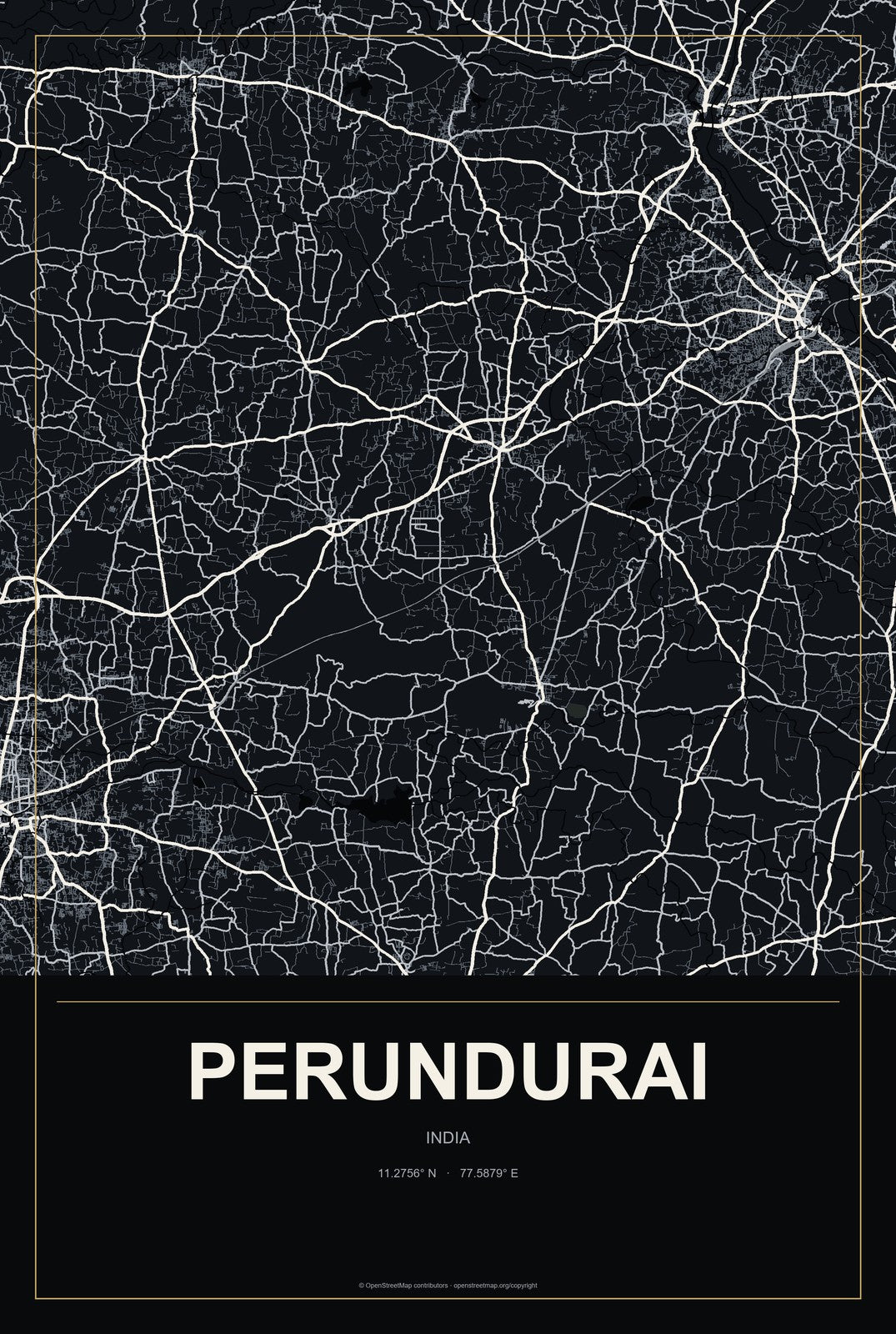 Perundurai, India City Map Aluminum Sign in Metropolitan Noir style