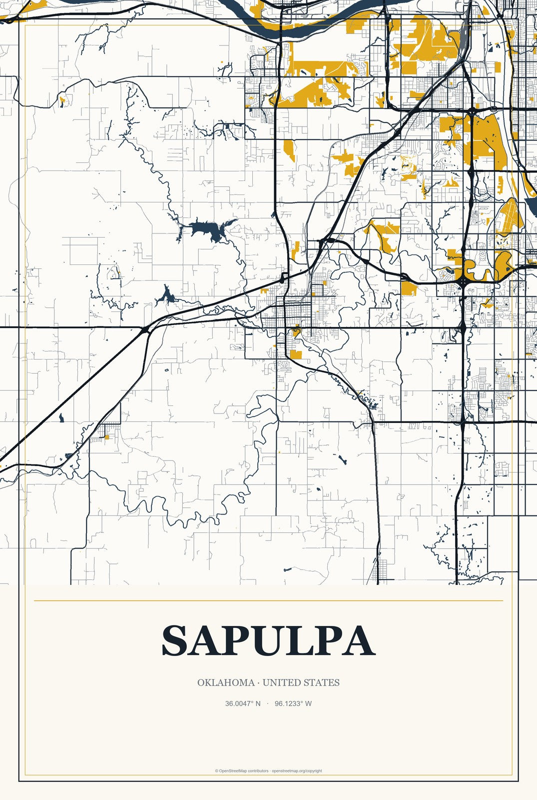 Sapulpa, Oklahoma City Map Aluminum Sign in Citrine Modern style