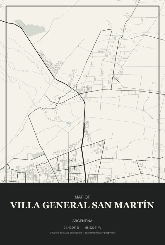 Villa General San Martín, Argentina City Map Aluminum Sign in Museum Plaque style