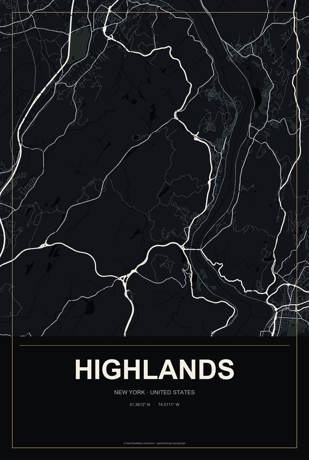 Highlands, New York City Map Aluminum Sign in Metropolitan Noir style