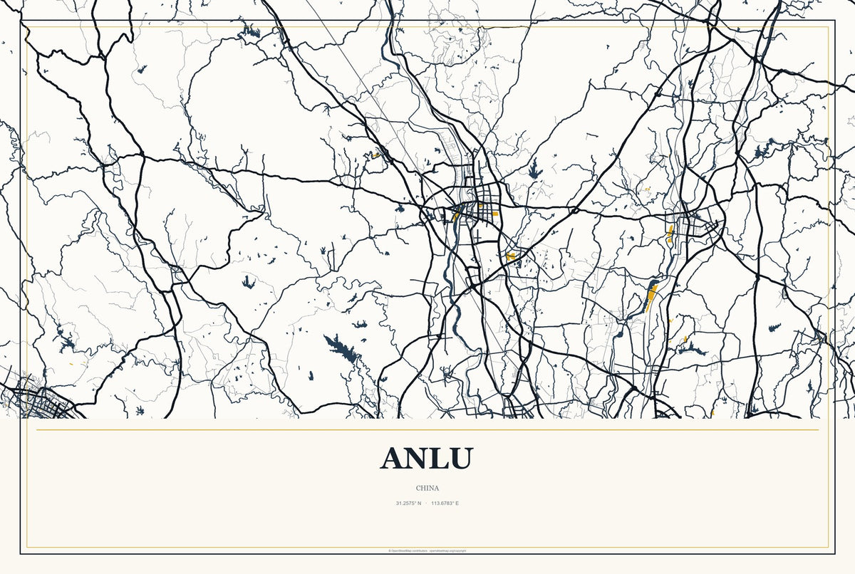Anlu, China City Map Aluminum Sign in Citrine Modern style