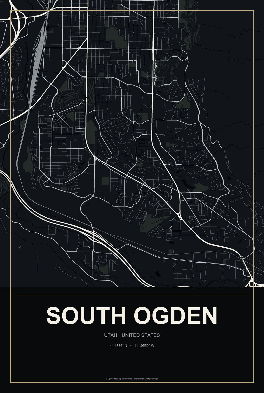 South Ogden, Utah City Map Aluminum Sign in Metropolitan Noir style