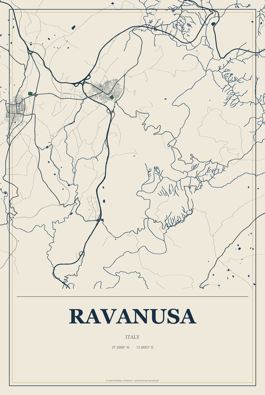 Ravanusa, Italy City Map Aluminum Sign in Coastal Cutout style