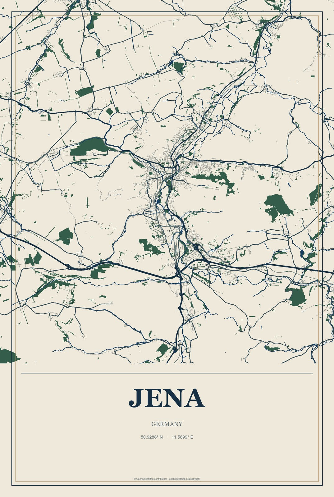 Jena, Germany City Map Aluminum Sign in Coastal Cutout style