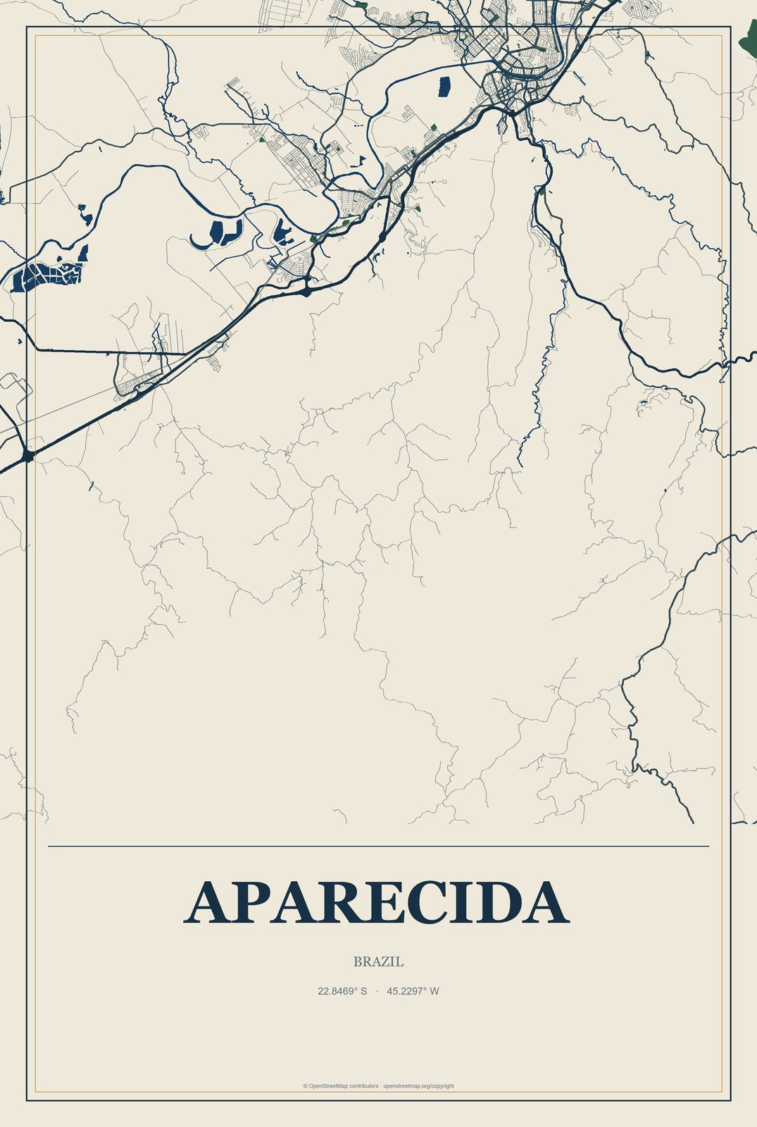 Aparecida, Brazil City Map Aluminum Sign in Coastal Cutout style
