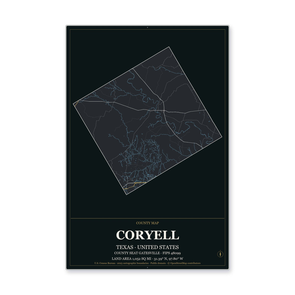 Coryell County, Texas Map Aluminum Sign in Metropolitan Noir style