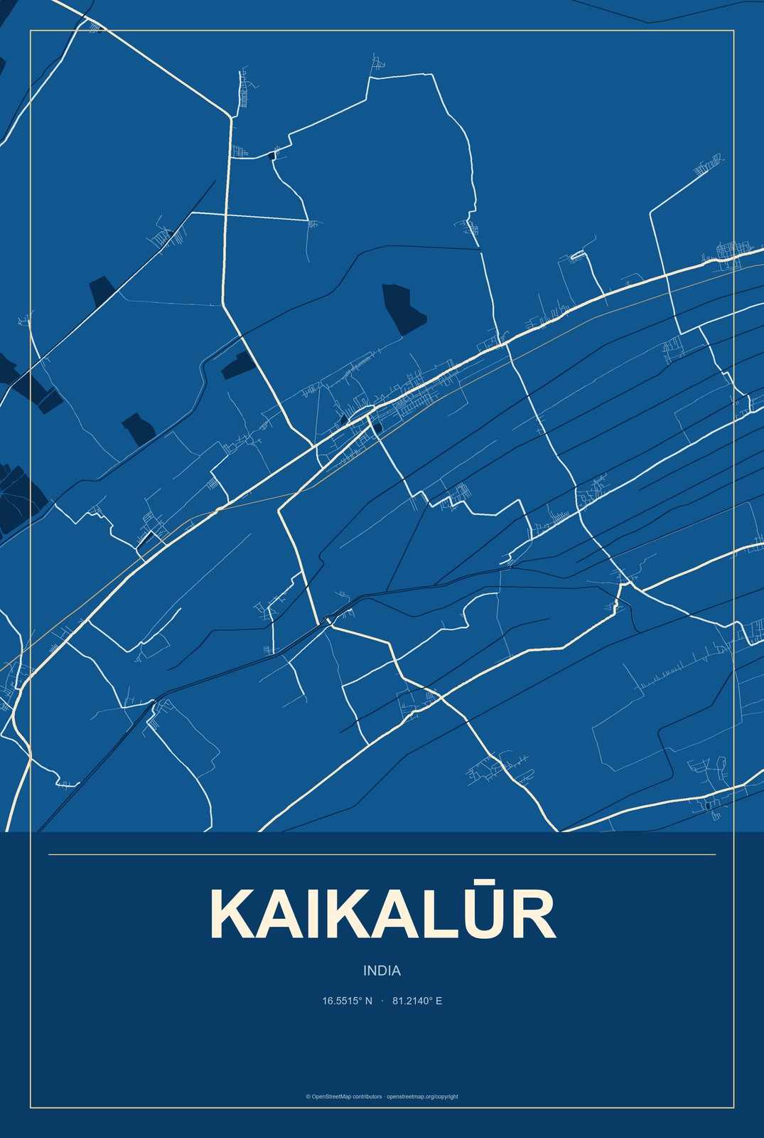Kaikalūr, India City Map Aluminum Sign in Harbor Cobalt style