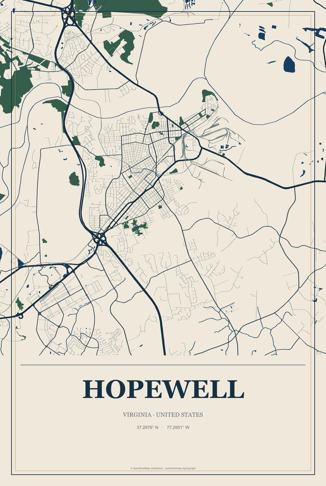 Hopewell, Virginia City Map Aluminum Sign in Coastal Cutout style