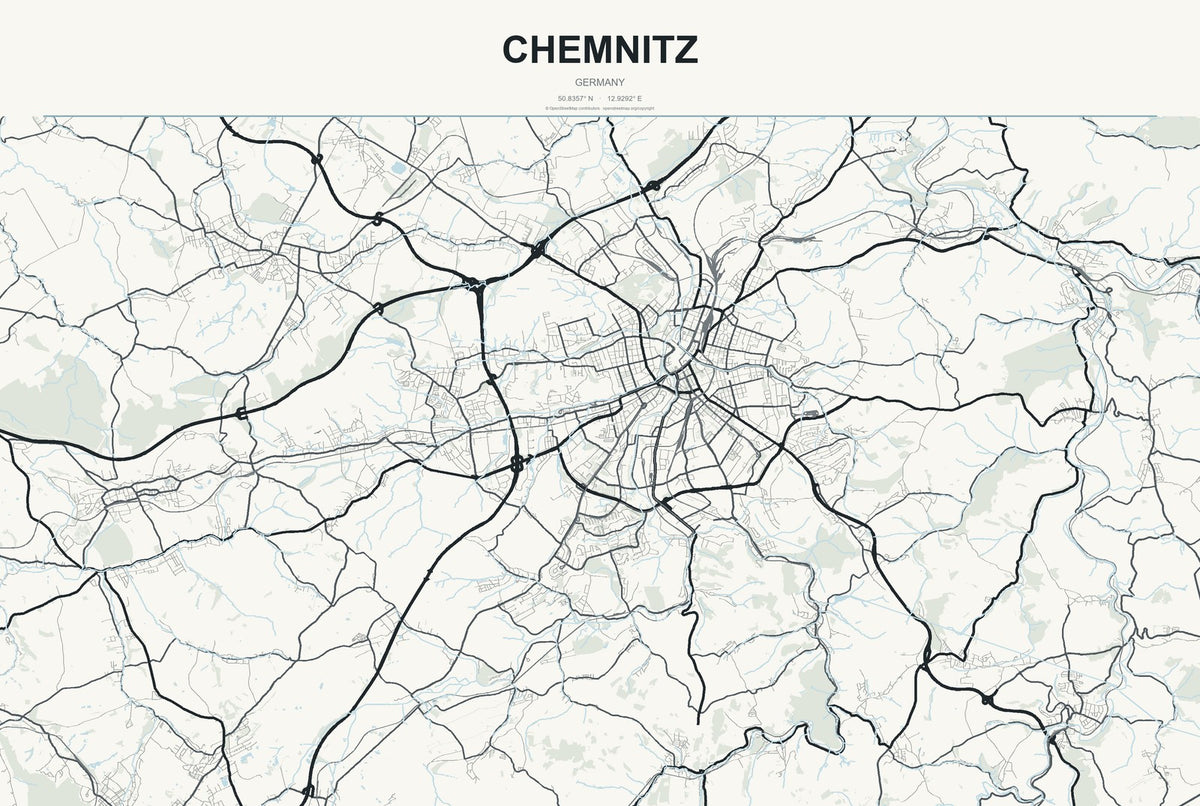 Chemnitz, Germany City Map Aluminum Sign in Headline Atlas style