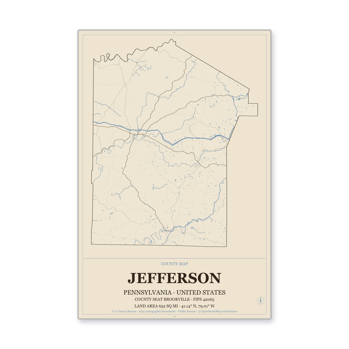 Jefferson County, Pennsylvania Map Aluminum Sign in Heritage Nautical style
