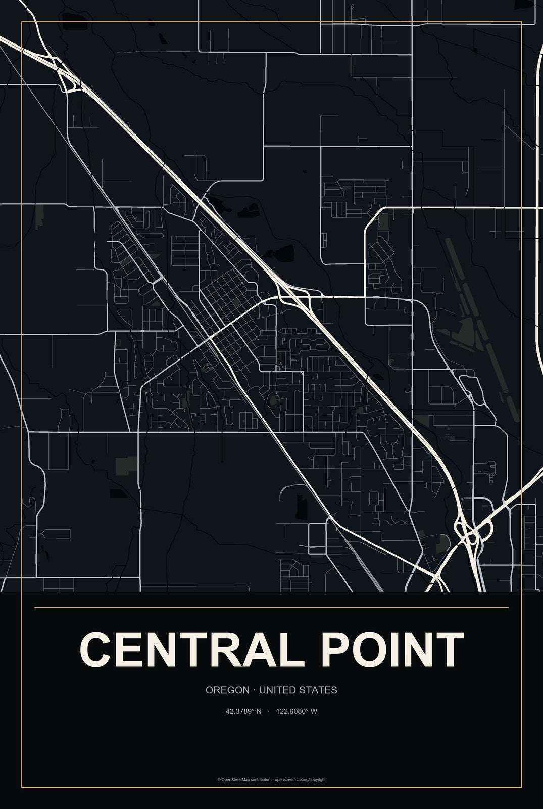 Central Point, Oregon City Map Aluminum Sign in Metropolitan Noir style