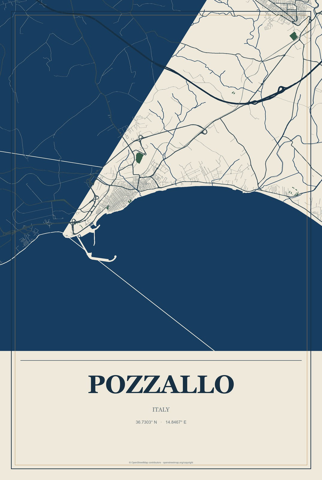 Pozzallo, Italy City Map Aluminum Sign in Coastal Cutout style