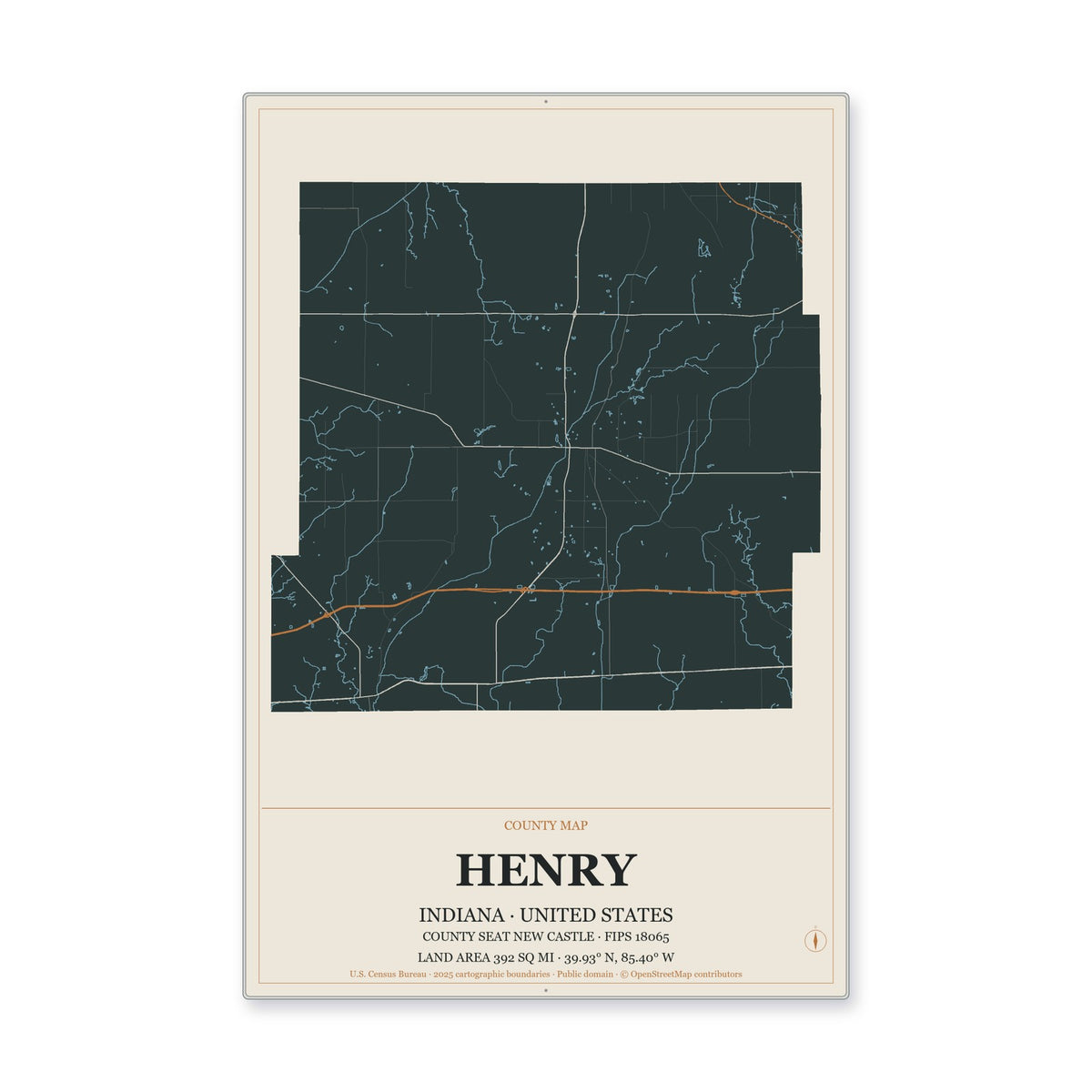 Henry County, Indiana Map Aluminum Sign in Headline Atlas style
