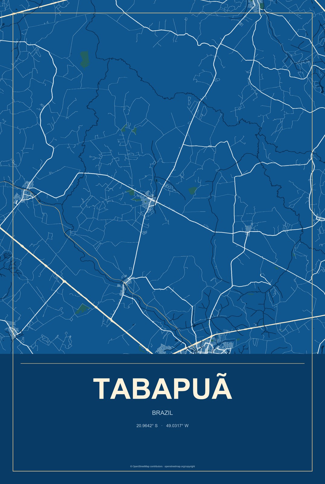 Tabapuã, Brazil City Map Aluminum Sign in Harbor Cobalt style