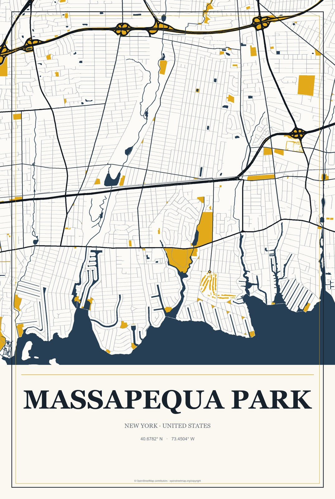 Massapequa Park, New York City Map Aluminum Sign in Citrine Modern style