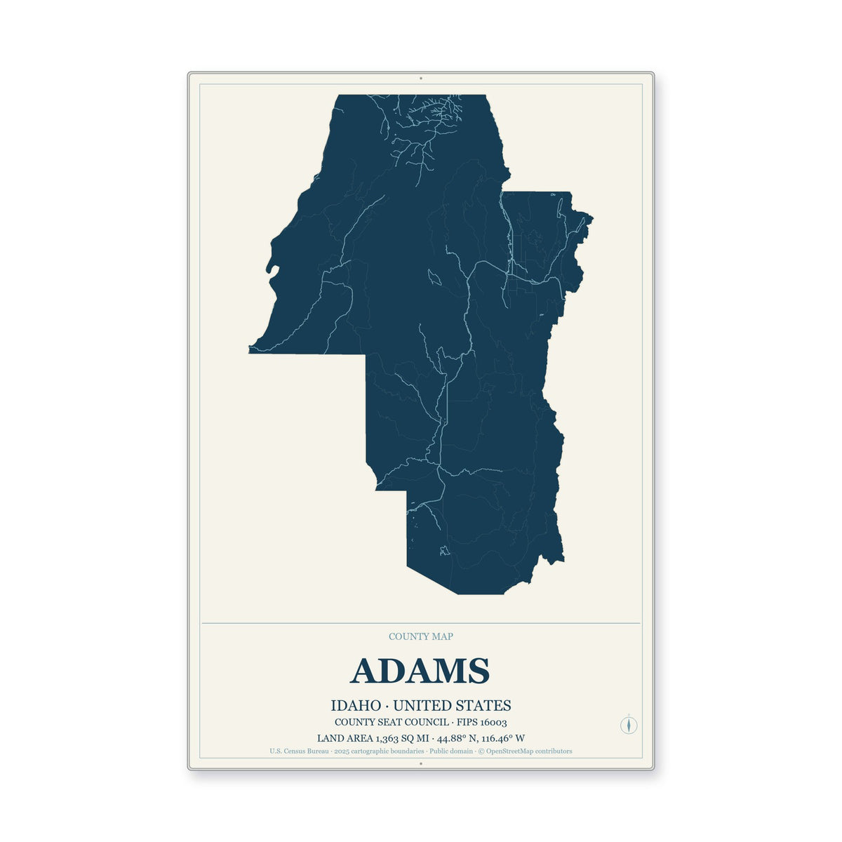 Adams County, Idaho Map Aluminum Sign in Coastal Cutout style